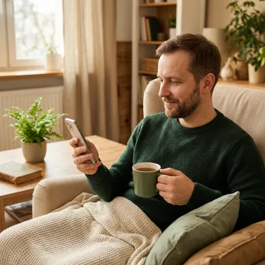 E-recepta i e-zwolnienie L4 od lekarza online — mężczyzna z telefonem odpoczywający w domu po teleporadzie